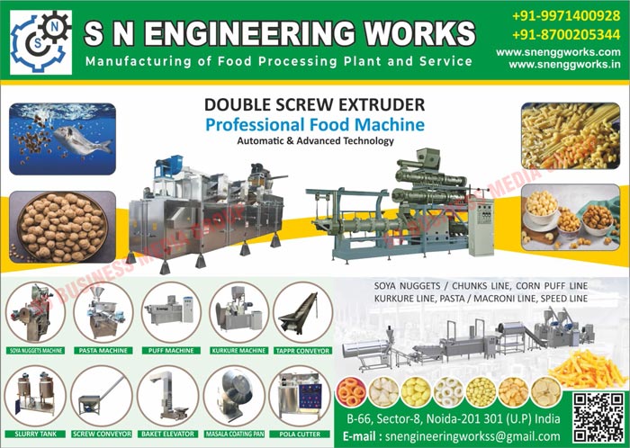 Pasta Machines, Soya Machines, Kurkure Machines, Puff Machines, Corn Puff Online Plants, Food Processing Plants, Food Processing Machines, Double Screw Extruders, Food Machines, Soya Nuggets Machines, Taper Conveyors, Slurry Tanks, Screw Conveyors, Baket Elevators, Masala Coating Pans, Pola Cutters, Soya Nuggets Line Machines, Soya Chunks Line Machines, Corn Puff Line Machines, Kurkure Line Machines, Pasta Line Machines, Macaroni Line Machines