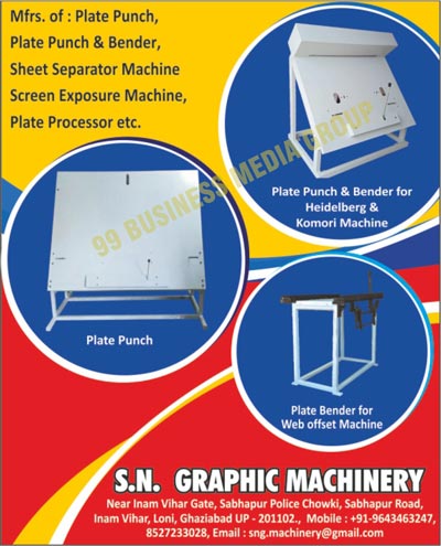 Thermal Lamination Machines, Paper Cutting Machines, Dye Cutting Machines, UV Machines, Sheet Separator Machines, Plate Punches, Screen Exposures, Case Making Machines, Plate Processor Machines