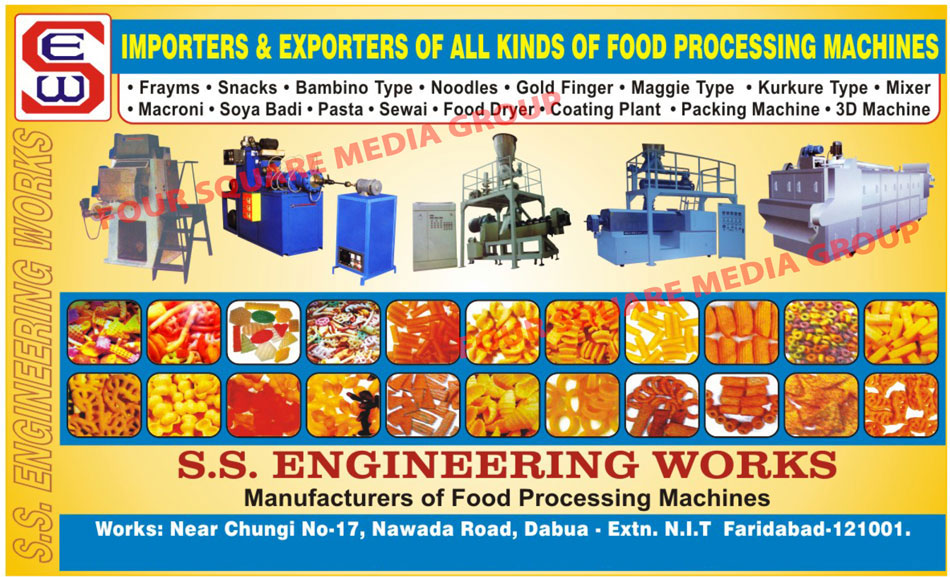 Food Processing Machines, Fryums Making Machines, Snacks Making Machines, Bambine Type Machine, Noodle Making Machines, Gold Finger Making Machines, Maggi Type Machines, Kurkure Machines, Mixer, Macroni Machines, Soya Badi Machines, Pasta Machines, Sewai Machines, Food Dryer, Food Coating Plant, Food Packing Machines, Food Packaging Machines, 3D Food Processing Machines