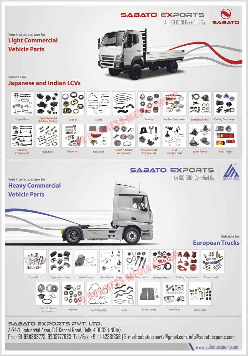 Bearings, Gear Box Components, Differential Components, Propeller Shaft Components, Suspension Parts, Casting Components, Repair Kits, Engine Mountings, Engine Parts, Clutches, Starter Components, Auto Electrical Components, Hand Tools, Tractor Parts, Trailer Parts, Truck Parts, Light Commercial Vehicle Parts, Heavy Commercial Vehicle Parts, Rubber Bushes, Oil Seals, Cables, Hoses, Steering Components, Nuts, Bolts, Brake Parts, Clutch Components, Fuel Injection Parts, Water Pumps, Auto Lamps, Control Cables, Brake Linings