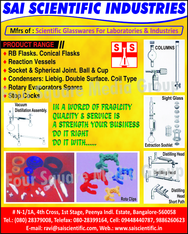 RB Flasks, Conical Flasks, Reaction Vessels, Sockets, Spherical Joints, Rotary Evaporator Parts, Stop Cocks, Columns, Sight Glasses, Extraction Soxhlet, Distilling Head, Distilling Head Short Path, Vacuum Distillation Assembly, Coil Type Condensers, Double Surface Condensers, Liebig Condensers, Industrial Scientific Glasswares, Laboratories Scientific Glasswares,Flasks, Coil, Evaporators Spares