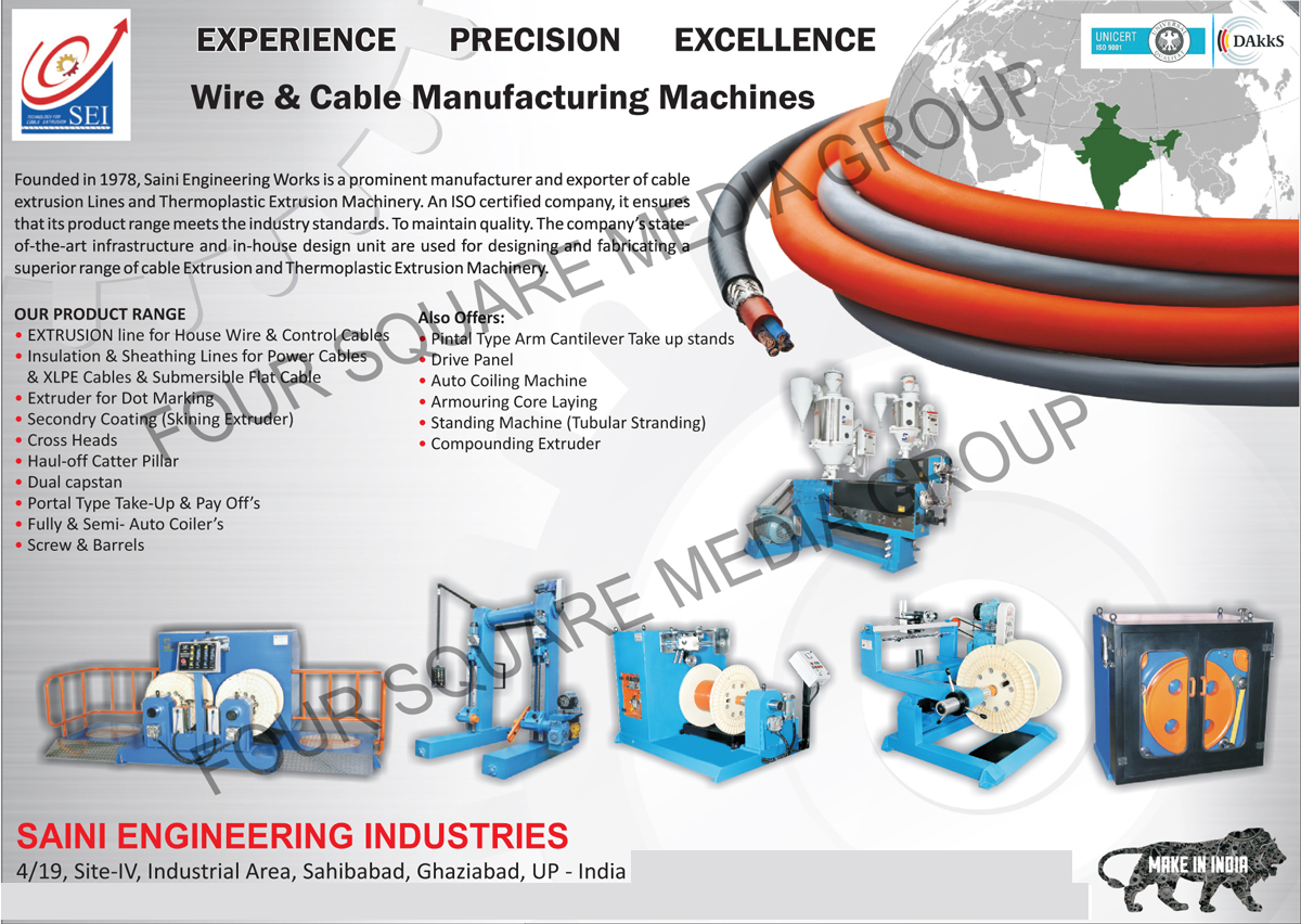 Wire Making Machines, Cable Making Machines, House Wire Extrusion Lines, Control Cable Extrusion Lines, Power Cable Insulation Lines, XLPE Cable Insulation Lines, Submersible Flat Cable Insulation Lines, Dot Marking Extruders, Skining Extruder Secondary Coating Machines, Cross Heads, Haul Off Catter Pillars, Dual Capstans, Portal Type Take Up, Portal Type Pay Off, Fully Auto Coilers, Screws, Barrels, Pintal Type Arm Cantilever Take Up Stands, Drive Panels, Auto Coiling Machines, Armouring Core Layings, Tubular Stranding Standing Machines, Compounding Extruders, Power Cable Sheathing Lines, XLPE Cable Sheathing Lines, Submersible Flat Cable Sheathing Lines, Thermoplastic Extrusion Machinery, Semi Auto Coilers