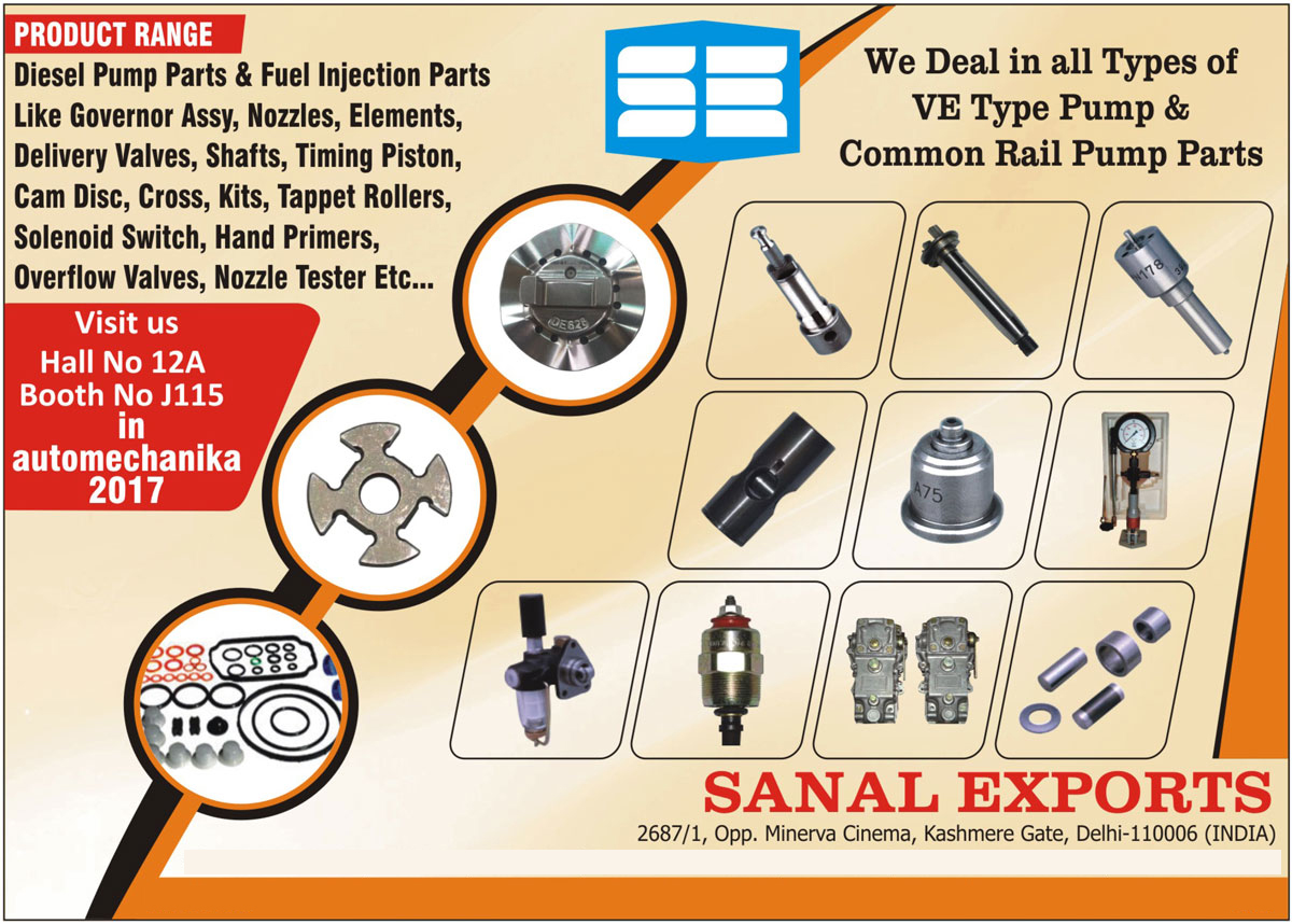 Diesel Pump Parts, Fuel Injection Parts, Governor Assembly, Nozzles, Diesel Engine Elements, Delivery Valves, Shafts, Timing Pistons, Cam Disc, Diesel Engine Cross, Diesel Engine Kits, Tappet Rollers, Solenoid Switch, Hand Primers, Overflow Vales, Nozzle Tester, VE Type Pump Parts, Common Rail Pump Parts