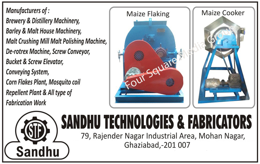 Maize Flaking, Maize Cooker, Brewery Machines, Distillery Machines, Barley House Machines, Malt House Machines, Malt Crushing Mill Malt Polishing Machines, Derotrex Machines, De Rotrex Machines, Screw Conveyors, Bucket Elevators, Screw Elevators, Conveying Systems, Corn Flake Plant, Mosquito Coil Repellent Plant