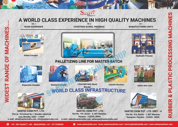 Rubber Extruders, Hydraulic Presses, Masterbatch Palletizing Line, Dispersion Kneaders, Bucket Conveyors, Two Roll Mills, Calender Machines, Rubber Bale Cutters, Rubber Processing Machines, Plastic Processing Machines