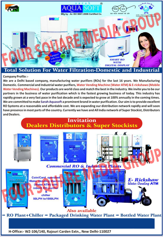 Reverse Osmosis Systems, Pressure Vessels, Ultra Filtrations, Water Softeners, DM Plants, Chemical Dosing Systems, Industrial Water Filtration Plants, Domestic Filtration Plants, Ozonation, Turnkey Mineral Water Project, Bottle Water Plants, Iron Removal Systems, Sand Media Filteration Systems, Ultra Voilet Radiaton Systems, Packaged Drinking Water Plants, Mineral Water Plants, Water Vending Machines, E Rickshaw Water Vending ATM, Commercial RO Plants, Industrial RO Plants, RO Plant, Water Chiller, Coin Operated Water Vending Machines, Card Operated Water Vending Machines