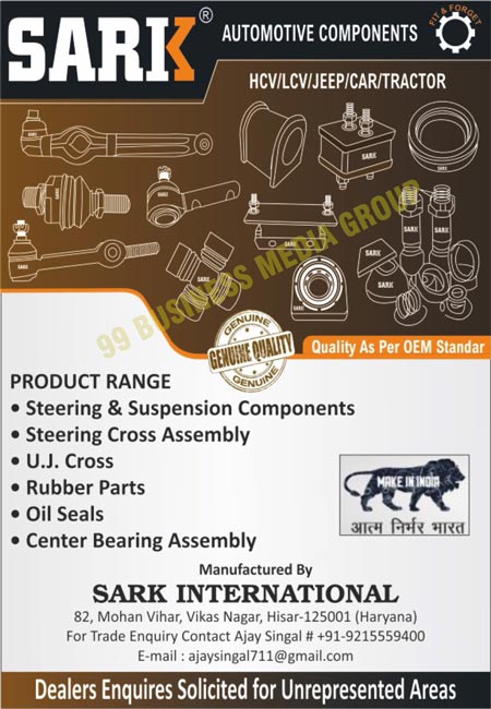 Automotive Components, Steering Components, Suspension Components, Steering Cross Assemblies, Rubber Parts, Oil Seals, Center Bearing Assemblies, PU Bushes, PVC Bushes, UJ Crosses, Universal Joint Crosses, HCV Components, LCV Components, Car Components, Tractor Components