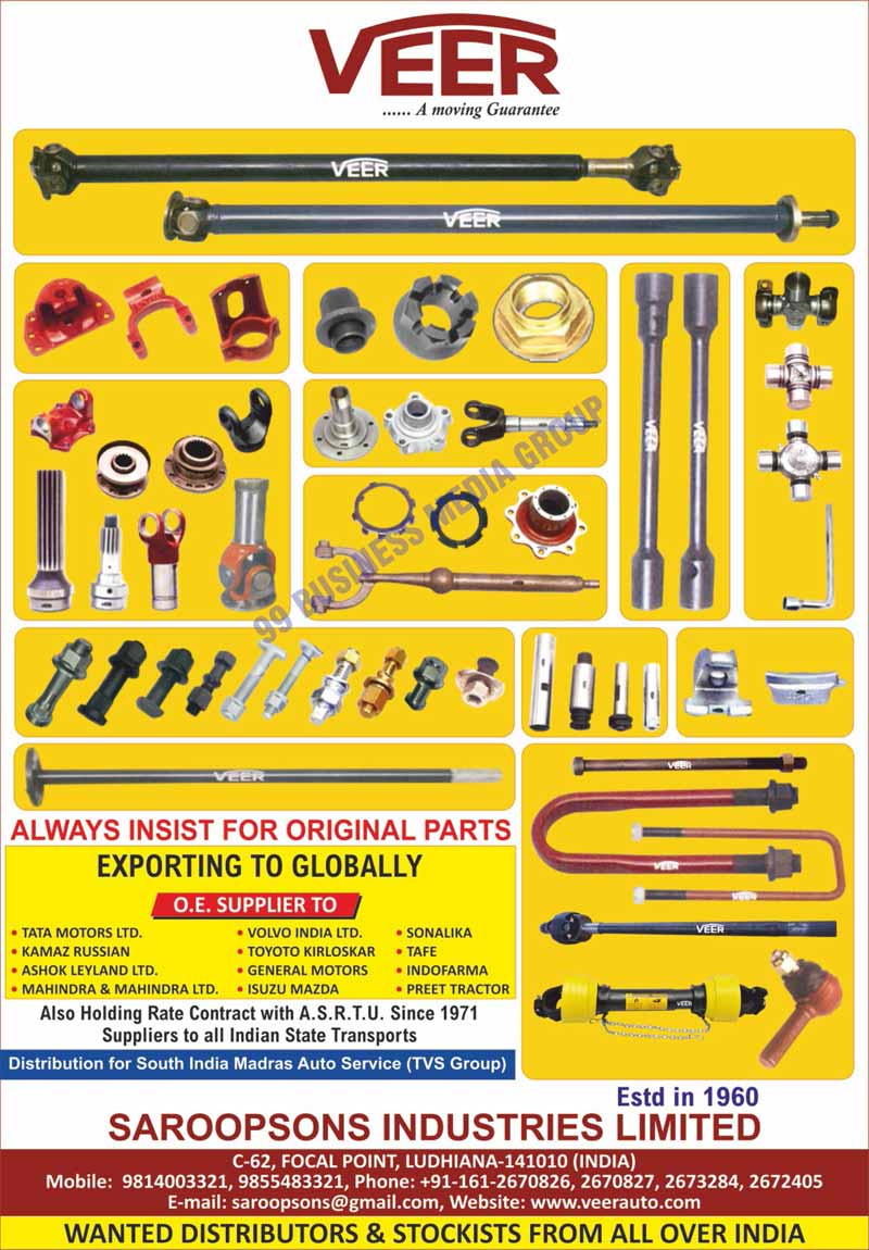 Automotive Spare Parts, Propeller Shaft Assemblies, Universal Joint Crosses, Yoke Sleeves, Spline Ends, Front Teeth Spline Ends, Rear Teeth Spline Ends, Flanges, UJ Cross Flanges, Universal Joint Cross Flanges, Sector Shaft Parts, Fly Wheel Rings, King Pens, Shackle Pins, Spring Pin Bushes, Tie Rod Ends, Clutch Parts, Hub Spacers, Hub Bolts, Wheel Studs, Nuts, Studs, Washers, U Bolts, U Clamps, Spring Centre Bolts, Hanger Shackles, Brackets, Wheel Brake Drums, Wheel Brake Hubs, Wheel Spanners, Landrover Parts, Wheel Brackets, Rear Axle Shafts