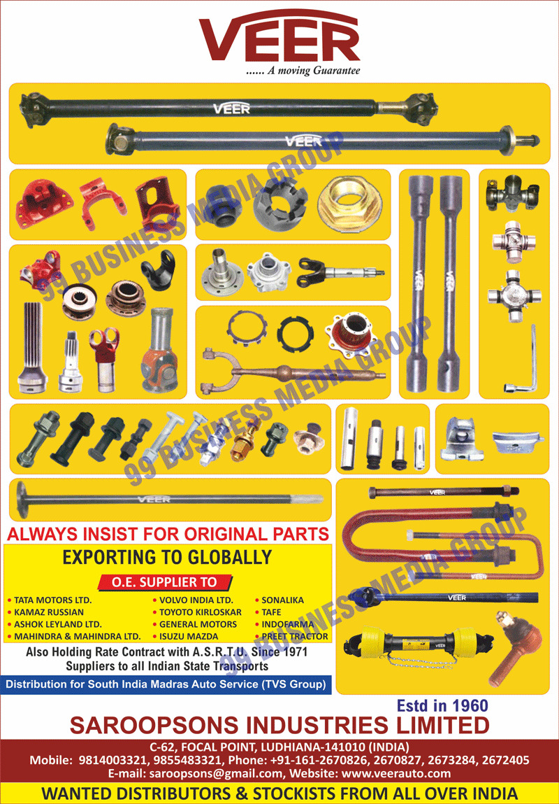 Automotive Spare Parts, Propeller Shaft Assemblies, Universal Joint Crosses, Yoke Sleeves, Spline Ends, Front Teeth Spline Ends, Rear Teeth Spline Ends, Flanges, UJ Cross Flanges, Universal Joint Cross Flanges, Sector Shaft Parts, Fly Wheel Rings, King Pens, Shackle Pins, Spring Pin Bushes, Tie Rod Ends, Clutch Parts, Hub Spacers, Hub Bolts, Wheel Studs, Nuts, Studs, Washers, U Bolts, U Clamps, Spring Centre Bolts, Hanger Shackles, Brackets, Wheel Brake Drums, Wheel Brake Hubs, Wheel Spanners, Landrover Parts, Wheel Brackets, Propeller Shaft Assemblies, Rear Axle Shafts