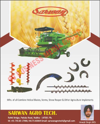 Combine Helical Blades, Verms, Straw Reapers, Agriculture Implements