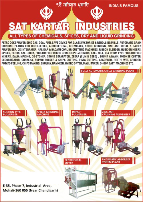 Fully Automatic Chilly Grinding Plants, Suction Type Pulverisers, Spices Grinding Machines, Impact Pulverisers, Zinc Ash Crushing Pulverisers, Centrifugal Sievers, Pneumatic Absorber System Plant, Petro Coke Pulverising Gas, Glass Factories Coal Fuel Save Devices, Rerolling Mills Coal Fuel Save Devices, Automatic Grain Grinding Plants for Distilleries, Mild Steel Body Agricultural Pulverisers, Chemical Grinding Impact Pulverisers, Stone Grinding Impact Pulverisers, Zinc Ash Crushing Pulverisers, Metal Grinding Impact Pulverisers, Baisen Impact Pulverisers, Mild Steel Body Disintegrator Hammer Mills, Mild Steel Body Pipe Type Nalidar Coal Briquetting Machines, Mild Steel Body Engg Type Badami Coal Briquetting Machines, Ribbon Blenders, Husk Grinders, Spices Grinder Pulverisers, Herbs Grinder Pulverisers, Salt Soda Grinder Pulverisers, Poultryfeed Micro Grinder Pulverisers, Ball Mill Type Mixer Machines, U Type Poultryfeed Mixers, Drum Type Poultryfeed Mixers, Dalia Making Machines, De Stoner Machines, Stone Separator Machines, Chhalna Machines, Decorticator Opener Machines, Supari Bolder Cutting Machines, Chips Cutting Machines, Pista Cutting Machines, Potato Peeling Machines, Chips Making Machines, Bhujiya Making Machines, Namkeen Making Machines, Hydro Dryer Machines, Malli Mixers, Dhoop Batti Machines, Peethi Wet Machines, Zeera Cutters, Cumin Seed Cutters, Sounf Cutters, Saunf Cutters, Ajwain Cutters, Moonse Cutters