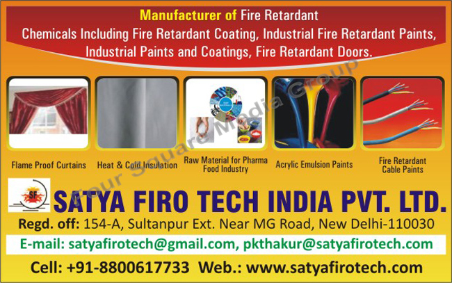 Fire Retardant Chemicals, Fire Retardant Coatings, Industrial Fire Retardant Paints, Industrial Paints, Industrial Coatings, Fire Retardant Doors, Flame Proof Curtains, Heat Insulation, Cold Insulation, Acrylic Emulsion Paints, Cable Paints, Fire Retardant Cable Paints