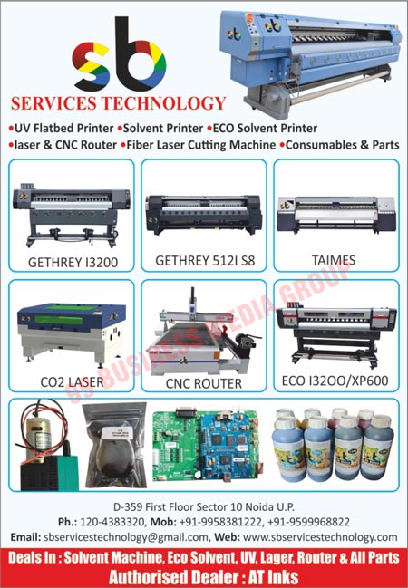 Printer Machines, UV Flatbed Printers, Solvent Printers, Eco Solvent Printers, Laser Router Printers, CNC Router Printers, Fiber Laser Cutting Machines, Consumables, Printer Parts