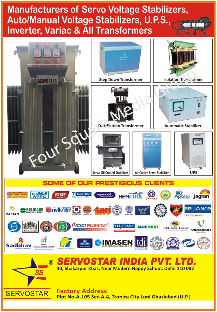 Servo Voltage Stabilizers, Automatic Voltage Stabilizers, Manual Voltage Stabilizers, UPS, Inverters, Variac Transformers, Transformers, Step Down Transformers, Stepdown Transformers, Isolation Transformers, Variable Transformers, Servo Oil Cooled Stabilizers, Air Cooled Servo Stabilizers, UPS