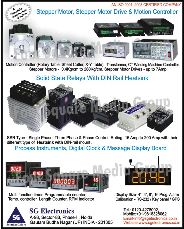 Stepper Motor, Stepper Motor Drive, Rotary Table Motion Controller, Sheet Cutter Motion Controller, XY Motion Controller, Transformer Winding Machine Controller, CT Winding Machine Controller, Solid State Relays with DIN Rail Heatsink, Single Phase Solid State Relays with DIN Rail Heatsink, Three Phase Solid State Relays with DIN Rail Heatsink, Phase Control Solid State Relays with DIN Rail Heatsink, Multi Function Timers, Programmable Counters, Temperature Controller Length Counter, RPM Indicator, Digital clock, Message Display Board, Process Instruments