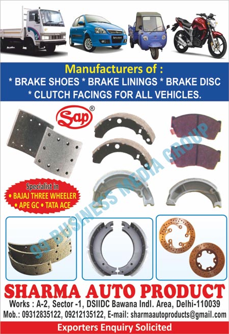 Three Wheeler Brake Shoes, Two Wheeler Brake Shoes, Four Wheeler Brake Shoes, Two Wheeler Brake Linings, Three Wheeler Brake Linings, Four Wheeler Brake Linings, Automotive Spare Parts, Brake Shoes, Brake Linings, Clutch Facings, Brake DISCs, Vehicle Clutch Facings