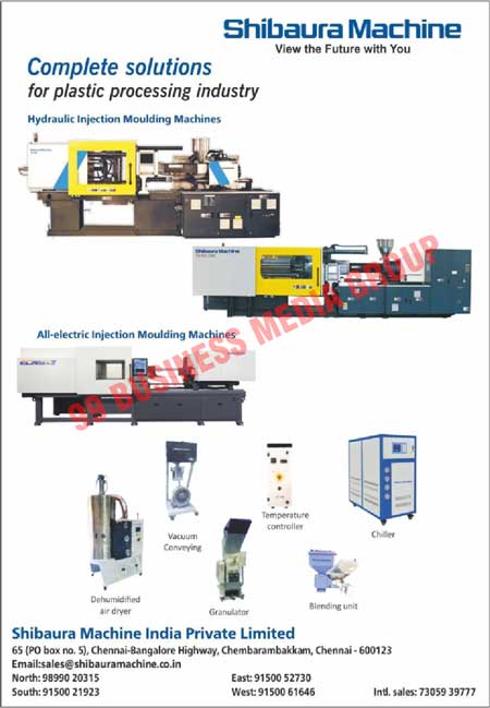 Plastic Processing Industries, Hydraulic Injection Moulding Machines, All-electric Injection Moulding Machines, Chiller Machines, Temperature Controller Machines, Vacuum Conveying Machines, Granulator Machines, Blending Unit Machines, Dehumidified Air Dryer Machines