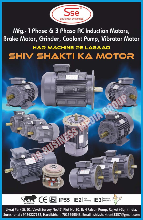 1 Phase AC Induction Motors, 3 Phase AC Induction Motors, Brake Motors, Grinders, Coolant Pumps, Vibrator Motors