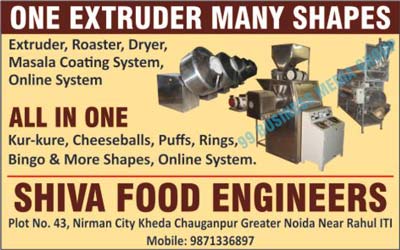 Roasters, Food Dryers, Food Mixers, Masala Coating Systems, Spice Coating Systems, Soyabadi Extruders, Vermicelli Extruders, Food Extruders, Online Systems, Kurkure, Cheeseballs, Puffs, Rings, Bingo