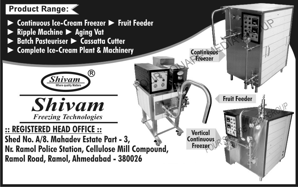 Continuous Ice Cream Freezers, Fruit Feeders, Ripple Machines, Ageing Vats, Batch Pasteurisers, Cassette Cutters, Ice Cream Plants, Ice Cream Machinery, Vertical Continuous Freezers,Ice Cream Feeder, Cassata Cutter