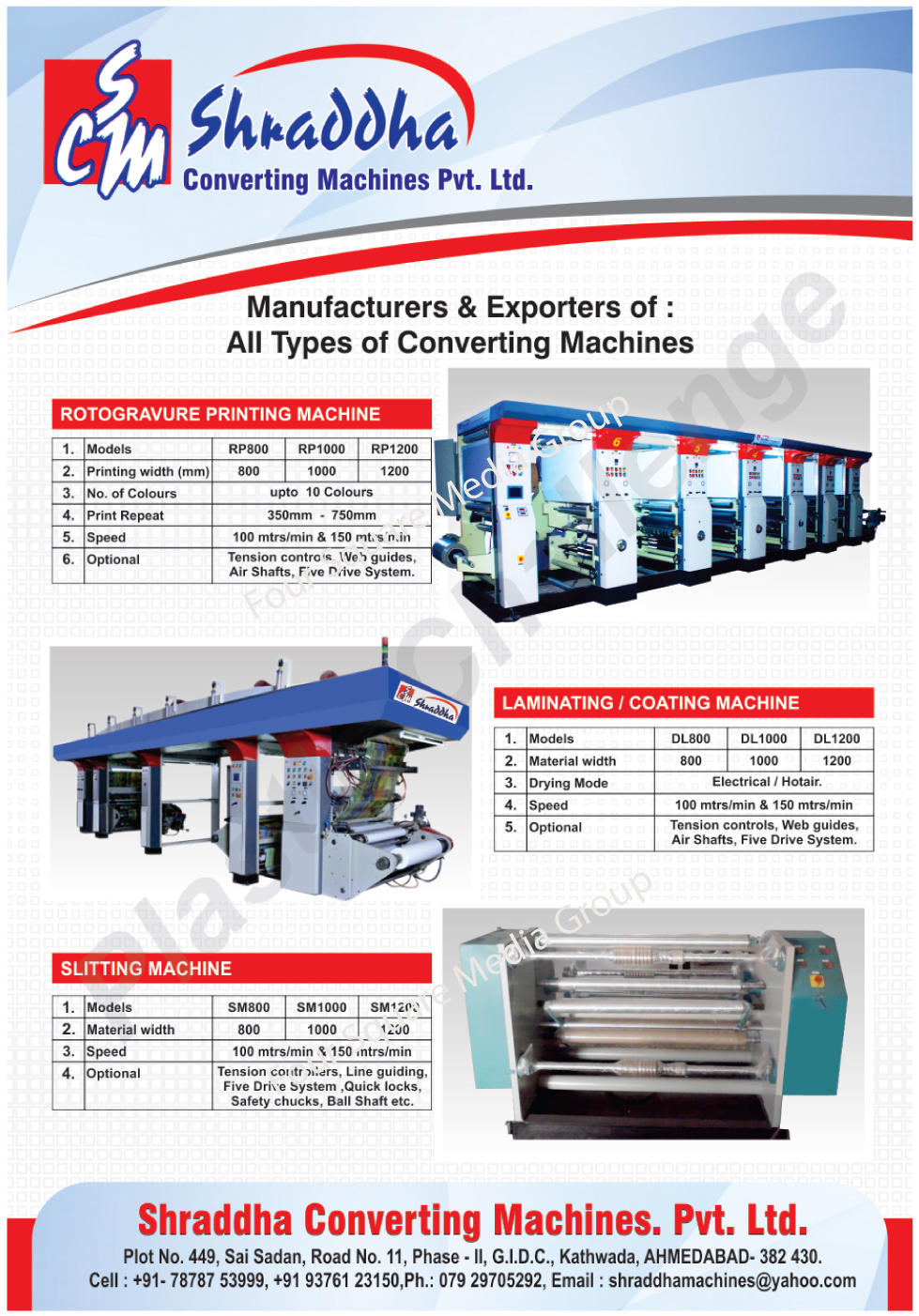 Converting Machines, Rotogravure Printing Machines, Lamination Machines, Coating Machines, Slitting Machines