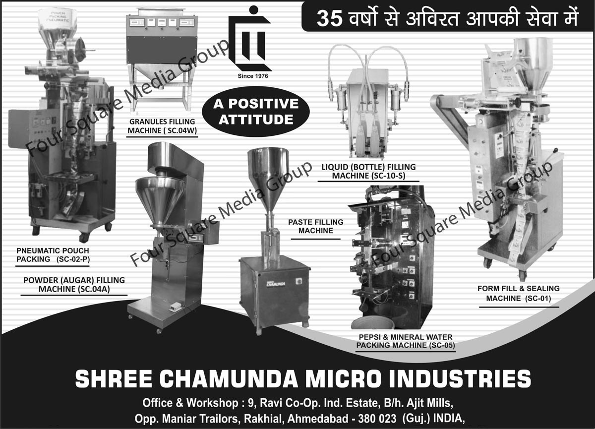 Granules Filling Machines, Liquid Filling Machines, Form Fill Machines, Form Sealing Machines, Pepsi Packing Machines, Mineral Water Packing Machines, Paste Filling Machines, Pneumatic Pouch Packings, Powder Filling Machines