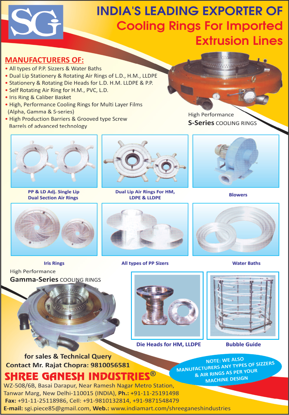 Imported Extrusion Line Cooling Rings, PP Sizzers, Water Baths, LD Dual Lip Stationery Air Rings, HM Dual Lip Stationery Air Rings, LLDP Dual Lip Stationery Air Rings, LD Rotating Air Rings, HM Rotating Air Rings, LLDPE Rotating Air Rings, HM Self Rotating Air Rings, LD Self Rotating Air Rings, PVC Self Rotating Rings, LD Stationary Die Heads, HM Stationary Die Heads, LLDPE Stationary Die Heads, PP Stationary Die Heads, Iris Rings, Caliber Baskets, Multi Layer Film Cooling Rings, High Production Barriers, Grooved Type Screws, S Series Cooling Rings, PP Sizers, Bubble Guides, HM Die Heads, LLDPE Die Heads, HM Dual Lip Air Rings, LDPE Dual Lip Rings, LLDPE Dual Lip Rings, LD Adjustable Single Lip Dual Section Air Rings, PP Adjustable Single Lip Dual Section Air Rings