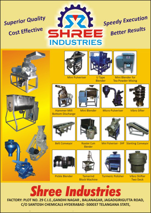 U Type Blender, Mini Pulverisers, Tea Powder Mixing Blender, Hammer Mill Bottom Discharge, Mini Blender, Micro Pulveriser, Vibro Sifter, Belt Conveyors, Roaster Cum Blenders, Slanting Conveyors, Pickle Blender, Tamarind Block Machines, Turmeric Polishers, Vibro Shifter Two Deck