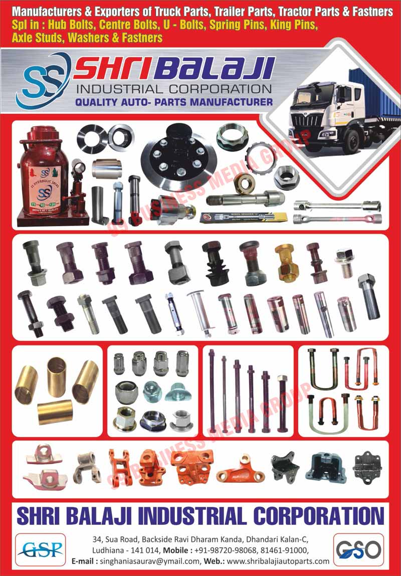 Automotive Spare Parts, Eye Bolts, Center Bolts, Centre Bolts, Cotter Pins, Bell Crank Pins, U bolts, Cotter Bolts, Hanger Bolts, Spring Pins, Kamani Pins, Hex Bolts, Truck Pins, Taper Washers, Automotive Bushes, Automotive Washers, Truck Parts, Trailer Parts, Tractor Parts, Truck Fasteners, Trailer Fasteners, Tractor Fasteners, Hub Bolts, King Pins, Axle Studs