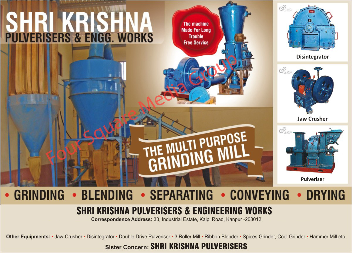 Jaw Crushers, Double Drive Pulverisers, Grinding Machines, Disintegrator, Three Roller Mills, Ribbon Blenders, Spice Grinders, Cool Grinders, Hammer Mills