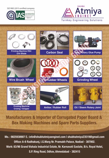 Corrugated Paper Boards, Box Making Machines, Box Making Machine Spare Parts, Printing Machine RS4 Unit Blades, Carbon Seal, Gear Rotary Glue Pumps, Wire Brush Wheels, PU Rubber Wheels, Grinding Wheels, Printing Machine Crizings, Printing Machine Grippers, Anilox Rolls, Rubber Rolls, Oil Rotary Joints, Steem Rotary Joints