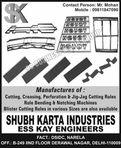 Cutting Rules, Creasing Rules, Perforation Rules, Jig Jag Cutting Rules, Rule Bending Machines, Notching Machines, Blister Cutting Rules