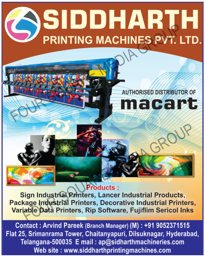 Sign Industrial Printers, Lancer Industrial Products, Package Industrial Printers, Decorative Industrial Printers, Variable Data Printers, Rip Softwares, Fujifilm Sericol Inks