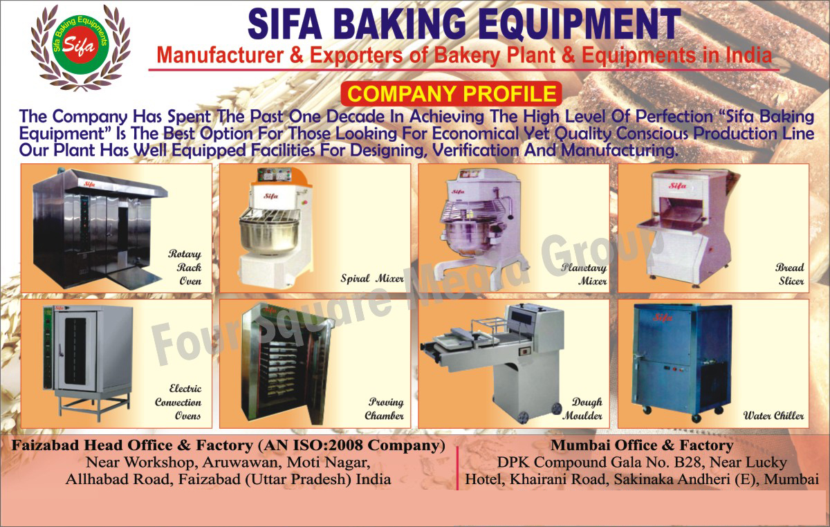 Bakery Plants, Bakery Equipments, Spiral Mixers, Rotary Rack Ovens, Planetary Mixers, Bread Slicers, Electric Convection Ovens, Proving Chambers, Dough Processing Line, Water Chillers, Dough Moulders