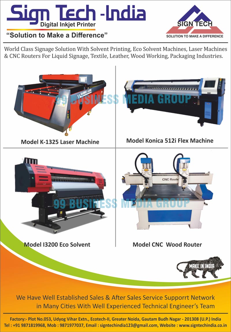 Laser Printing Machines, Laser CO2 Printing Machines, Solvent Printing Machines, Eco Solvent Printing Machines, CNC Router, CNC Router For Signage Industry, CNC Router For Textile Industry, CNC Router For Leather Industry, CNC Router For Wood Working Industry, CNC Router For Packaging Industry