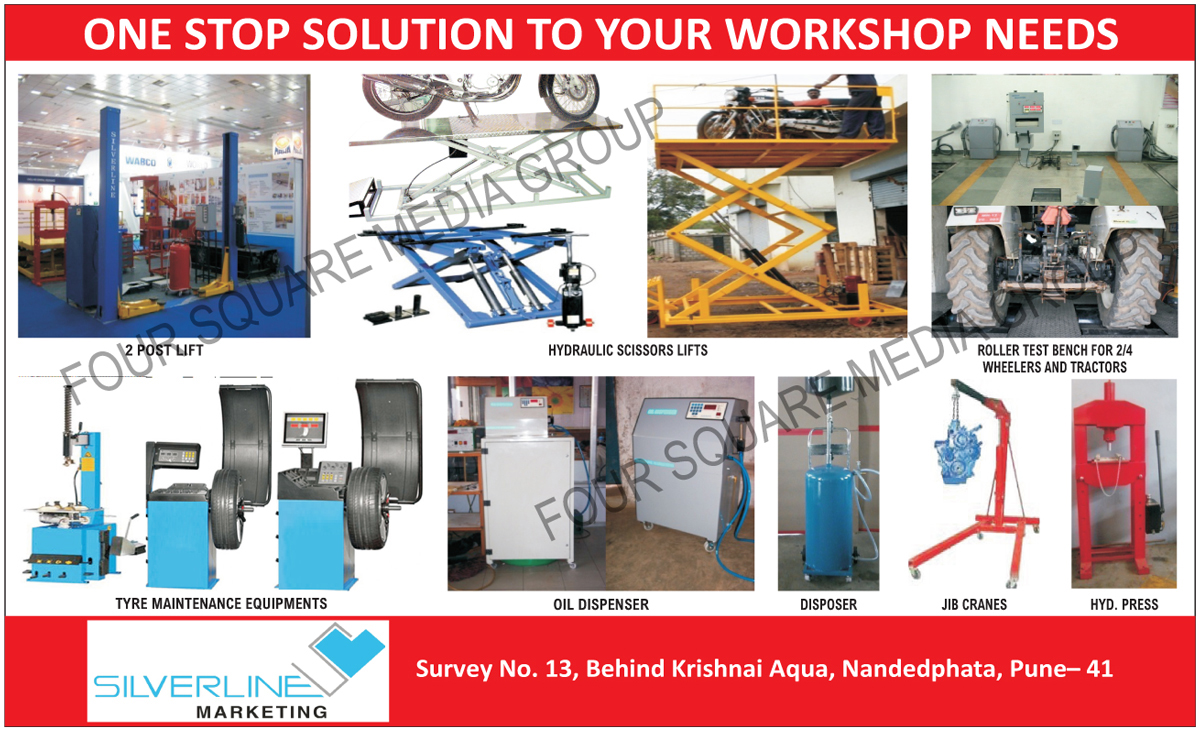 Garage Equipments, Workshop Equipments, Two Post Lifts, 2 Post Lifts, Hydraulic Scissors Lifts, 2 Wheeler Roller Test Benches, Two Wheeler Roller Test Benches, 4 Wheeler Roller Test Benches, Four Wheeler Roller Test Benches, Tyre Maintenance Equipments, Oil Dispensers, Automotive Oil Disposer Trollies, Horizontal Motion Jib Cranes, Hydraulic Presses