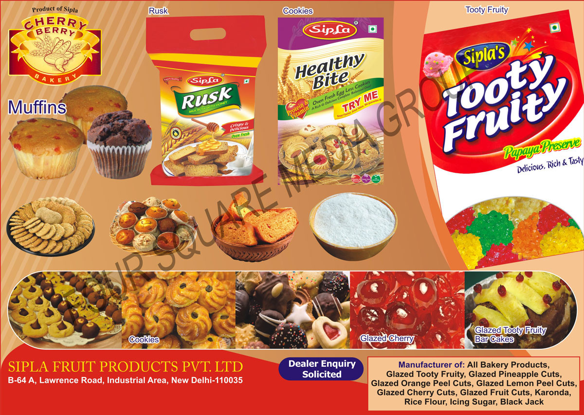 Bakery Products, Glazed Tooty Fruity, Glazed Pineapple Cuts, Glazed Orange Peel Cuts, Glazed Lemon Peel Cuts, Glazed Cherry Cuts, Glazed Fruit Cuts, Karonda, Rice Flour, Icing Sugar, Black Jack, Cookies, Glazed Cherry, Bar Cakes, Rusk, Muffins