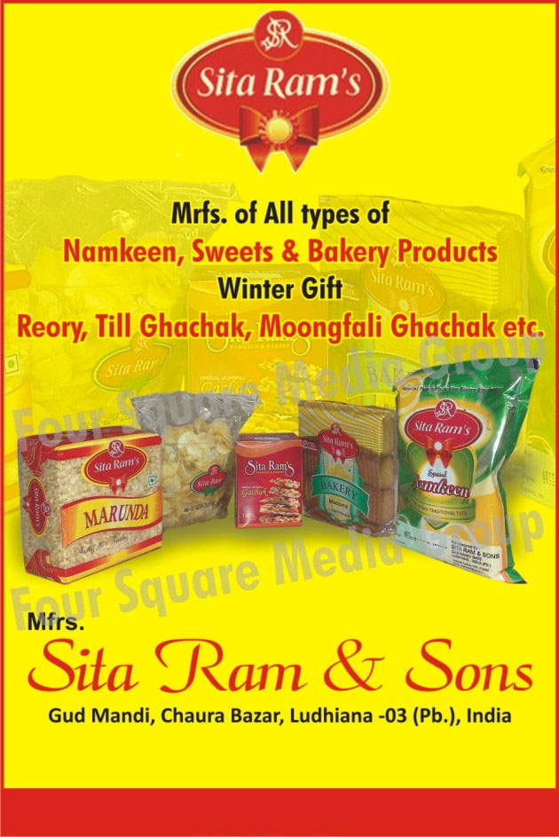 Namkeens, Sweets, Bakery Products, Till Ghachak, Moongfali Ghachak,Pinni, Panjiri, Milk Cake, Kalakand, Chhaina Murgi Dry, Chhaina Murgi Wet, Khaskhas Roll, Khoya Roll, Pera, Mango Ball, Mesu, Sohan Halwa, Sohan Papdi, Patisa Badam, Emarti, Paneer Jalebi, Gulab Jamun, Chamcham, Rassogolla, Rasbhari, Rasmalai, Kaju Burfi, Khurma, Burfi, Kaju Bite, Kaju Samosa, Kaju Roll, Motichoor Laddoo, Gujia, Chandra Kala, Balushahi, Makhan Peda, Kaju Kalash