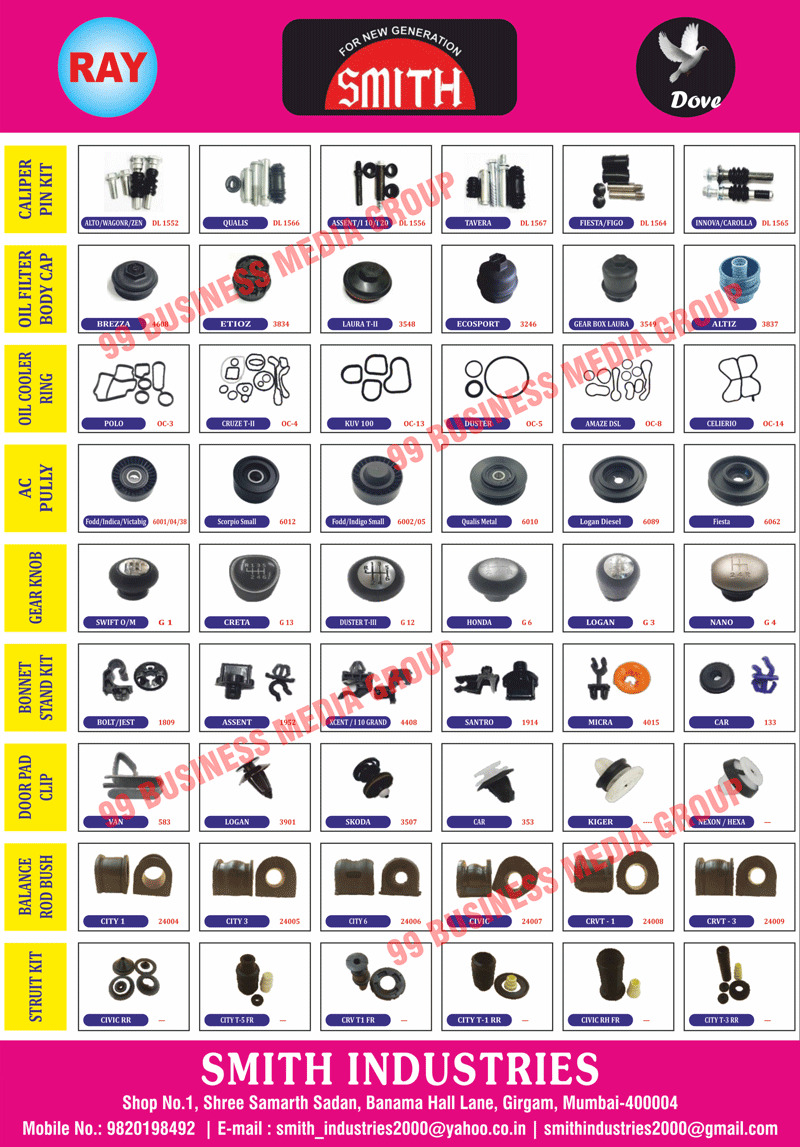 Door Pad Clips, Carpet Clips, Bonnet Stand Kits, Oil Filter Body Caps, Oil Cooler Rings, Caliper Pin Kits, AC Pullies, Gear Knobs, Balance Rod Bushes, Strut Kits