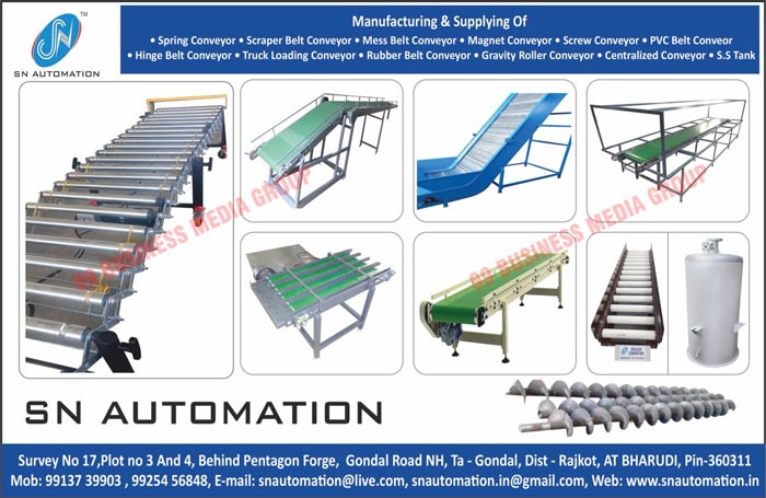 Spring Conveyors, Accessories Conveyors, Coolant Tanks, Drum Filter Conveyors, Hinge Belt Conveyors, Magnet Conveyors, Rubber Belts, Scraper Belt Conveyors, Screw Conveyors, Gravity Roller Conveyors, Truck Loading Conveyors, Centralized Conveyors, Mess Belt Conveyors, PVC Belt Conveyors, SS Tanks, Stainless Steel Tanks