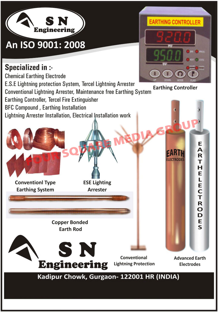 Earthing System, Lighting Arrester, Lighting Protection, Earth Electrodes, Copper Bonded Earth Rod, Earthing Controller, Chemical Earthing Electrode, ESE Lightning Protection Systems, Tercel Lightning Arresters, Conventional Lightning Arresters, Maintenance Free Earthing System, Tercel Fire Extinguisher, BFC Compound, Earthing Installation Services, Lightning Arrester Installation Services, Electrical Installation Works, Advanced Earth Electrodes