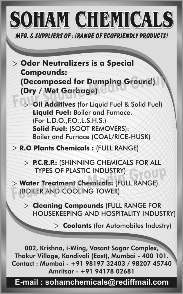 Water Treatment Chemicals, Reverse Osmosis Plant Chemicals, Automobile Coolants, Plastic Industry Shinning Chemicals, Soot Removers, oil Additives, Boiler Liquid Fuels, Furnace Boiler Fuels, Automotive Coolants, Neutralizers, Liquid Fuel, R.O. Chemicals, Cleaning Compounds