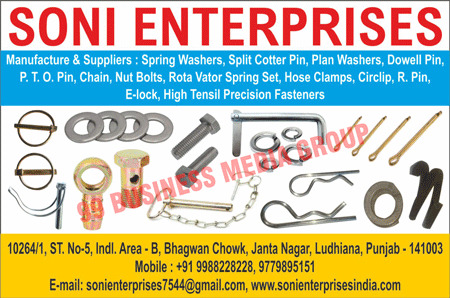 Spring Washers, Split Pins, Hose Clamps, Circlips, Stainless Steel Fasteners, High Tensile Precision Fasteners, Fiber Washers, Fibre Washers, E Lock Circlips, Steel Springs, Dowell Pins, Stainless Steel Dowell Pins, Stainless Steel Star Washers, Stainless Steel, Split Cotter Pins, Plan Washers, PTO Pins, Rota Vator Spring Sets