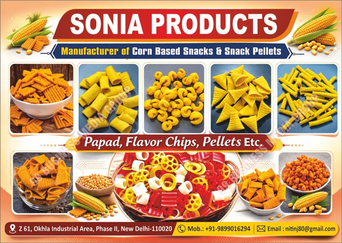 Corn Snacks, Snack Pallets, Papads, Flavor Chips, Pellets