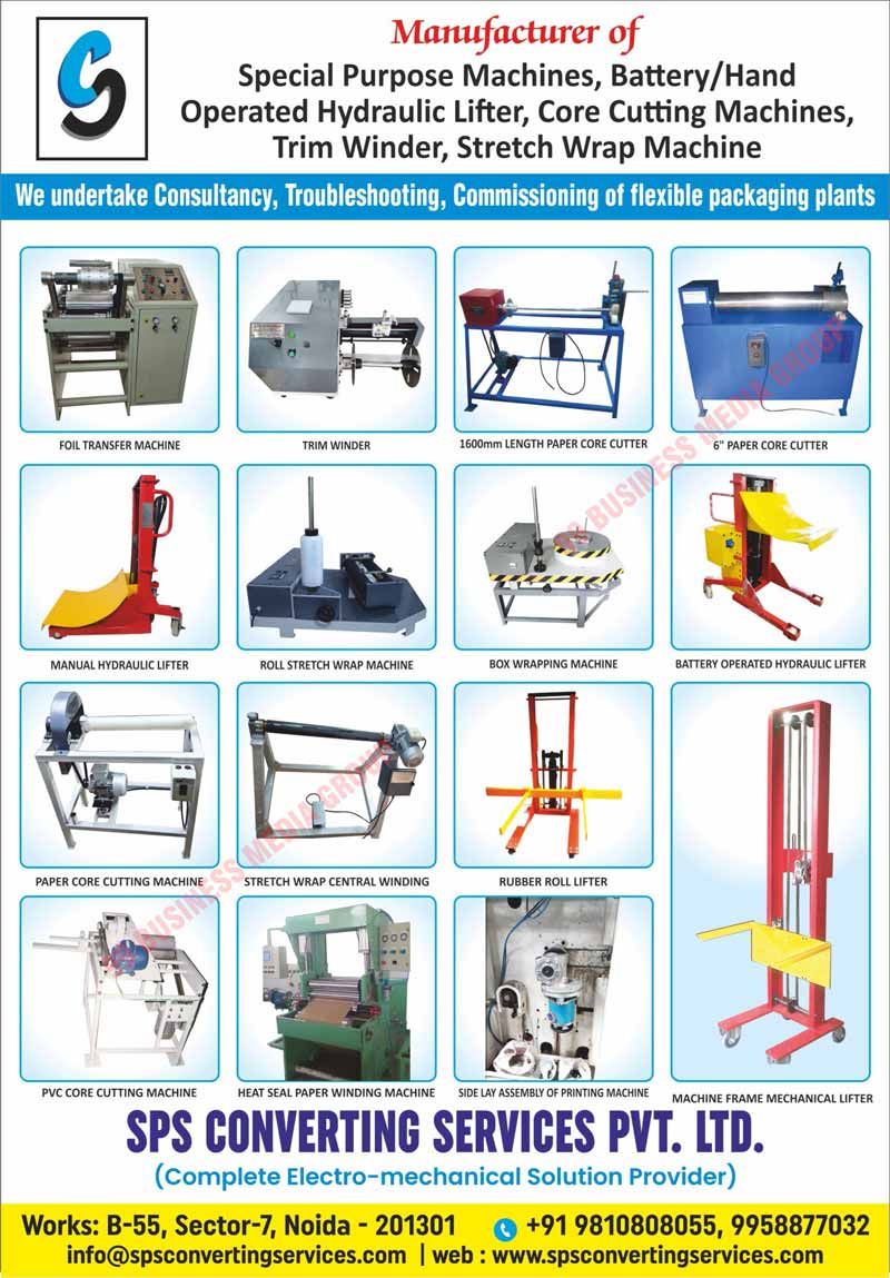 Special Purpose Machines, Battery Operated Hydraulic Lifters, Core Cutting Machines, Trim Winders, Stretch Wrap Machines, Core Cutters, Manual Hydraulic Lifters, Stretch Wraps, Hand Operated Hydraulic Lifters, Foil Transfer Machines, Paper Core Cutters, Roll Stretch Wrap Machines, Box Wrapping Machines, Paper Core Cutting Machines, Stretch Wrap Central Winding Machines, Rubber Roll Lifters, PVC Core Cutting Machines, Heat Seal Paper Winding Machines, Side Lay Assembly Printing Machines, Machine Frame Mechanical Lifters