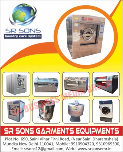 Garments Equipments, Garments Machineries, Laundry Boilers, Washing Machines, Dry Cleaning Machines, Washer Extractors, Laundry Finishing Machines, Laundry Finishing Equipments, Storage Trollies, Industrial Washing Machines, Commercial Washing Machines, Flatwork Irons, Flat Bed Irons, Hydro Extractor Machines, Drying Tumbler Machines, Vacuum Finishing Tables, Industrial Hot water Boilers, Stain Removing Machines, Industrial Dry Linen Trollies, Electric Steam Generators, Diesel Fired Steam Boilers
