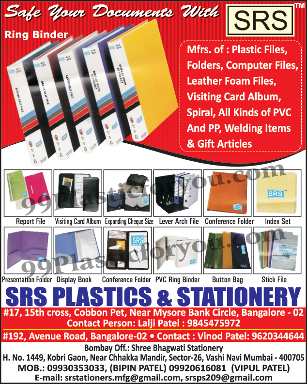 Plastic Files, Plastic Folders, Computer Files, Leather Foam Files, Visiting Card Albums, Spiral Sheets, PVC Ring Binder, Report Files, Expanding Cheque Size File, Lever Arch File, Conference Folders, Index Set, Presentation Folders, Display Books, Button Bags, Stick Files, Gift Articles, PVC Welding Items, PP Welding Items,Expanding Cheque Size, Spiral, PVC, PP, Welding Items, 