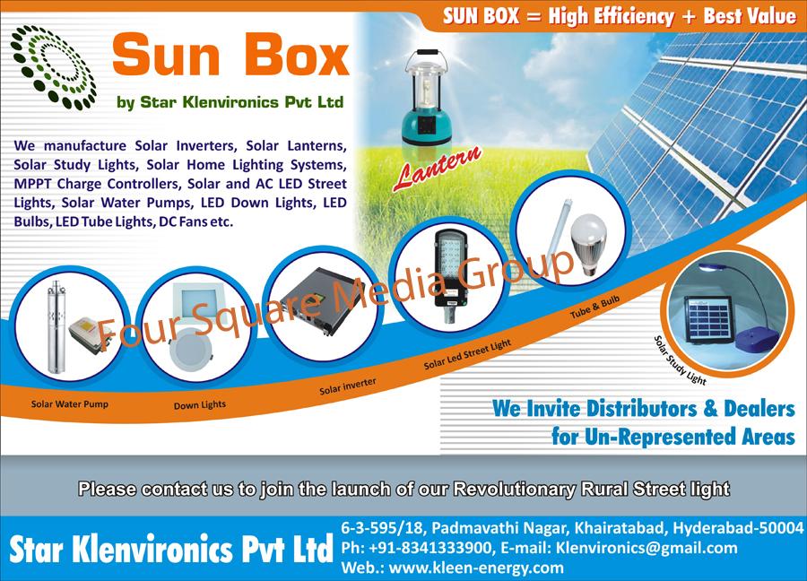 Solar Inverters, Solar Lanterns, Solar Study Lights, Solar Home Lights, Mppt Charge Controllers, Solar Street Lights, Led Street Lights, Led Lights, Solar Water Pumps, Led Down Lights, LED Bulbs, Led Tube Lights, Dc Fans