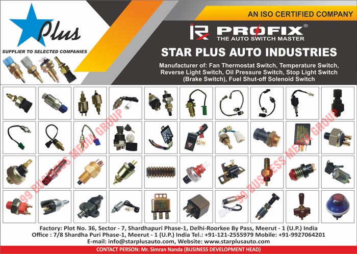 Thermostat Switches, Temperature Switches, Reverse Light Switches, Oil Pressure Switches, Brake Stop Light Switches, Brake Switches, Fuel Shut Off Solenoid Switches, Fan Thermostat Switches