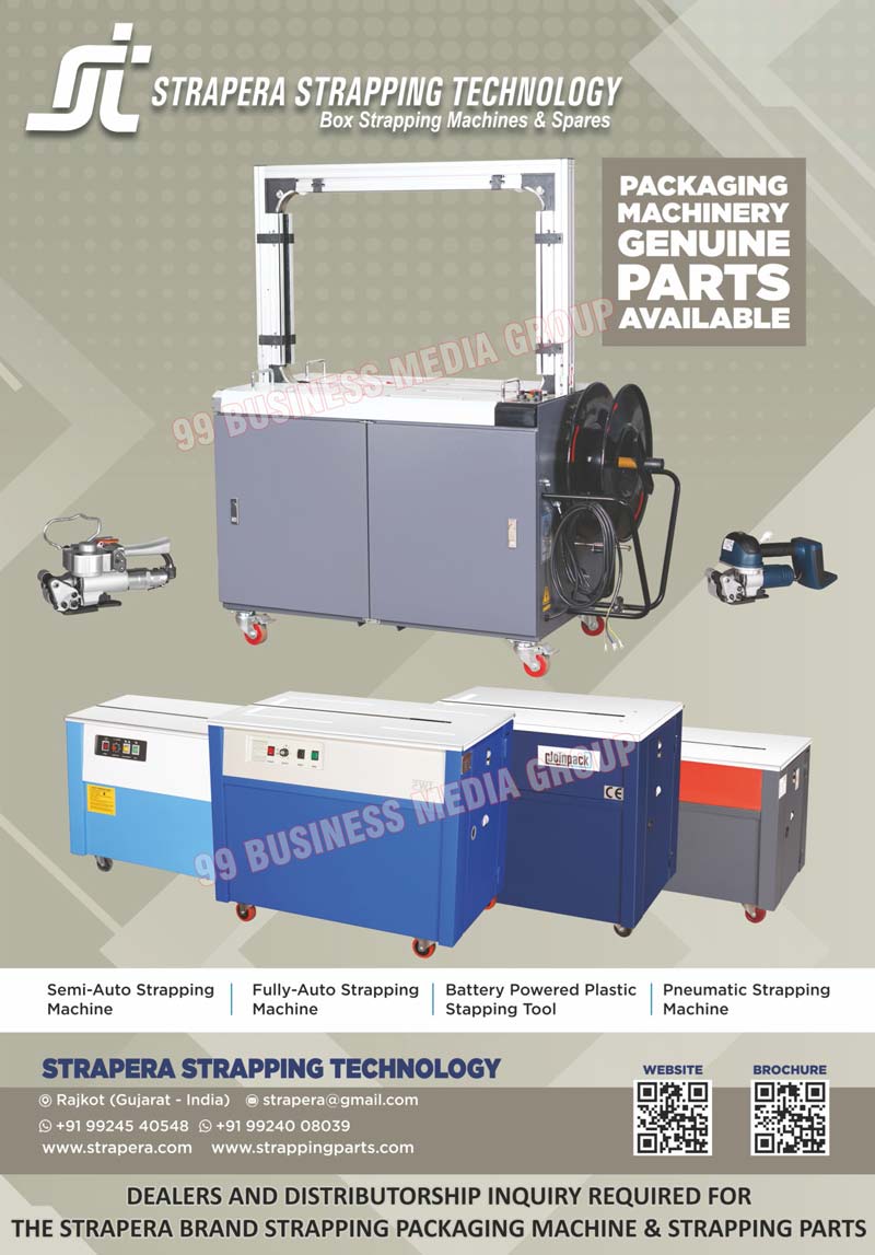 Semi Automatic Strapping Machines, Fully Automatic Strapping Machines, Battery Operated Pet Strapping Machines, Pneumatic Strapping Machines, Box Strapping Machines, Box Strapping Spares, Packaging Machines Parts, Strapping Machines, Battery Powered Plastic Strapping Tools